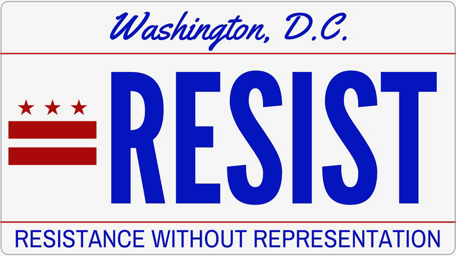 Stylized Washington, D.C. vehicle license plate with the District's name in cursive at the top. The next line has the city flag, which is three red stars above two red bars, followed by Resist in all caps. The bottom line reads, in all caps, "Resistance Without Representation". All of the text is in blue.